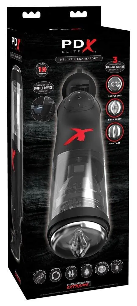 05429110000_verp PDX Elite Deluxe Mega-Bator - Masturbator mit verstellbarem Saugfuß, 10 Rotations- und Stoßmodi, 5 Geschwindigkeiten, 3 Öffnungen, Reiznoppen Schwarz/Transparent