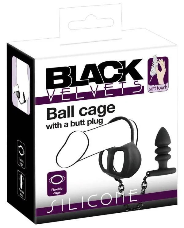 05563270000_verp Black Velvets Ball cage with butt plug - Penisring, Hodenkäfig und Analplug aus Silikon