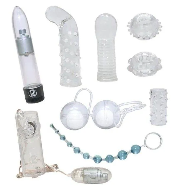 Crystal Clear Lovetoy-Set - 8-teilig, transparent, mit Vibrator, Vibro-Ei, Analkette und Liebeskugeln Crystal Clear Lovetoy-Set - 8-teilig, transparent, mit Vibrator, Vibro-Ei, Analkette und Liebeskugeln