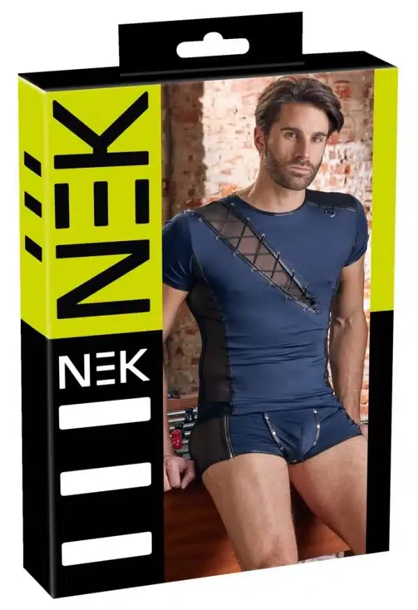 NEK Herrenshirt - elastische Mikrofaser, Powernet-Einsätze, dekorative Schnürung blau/schwarz S