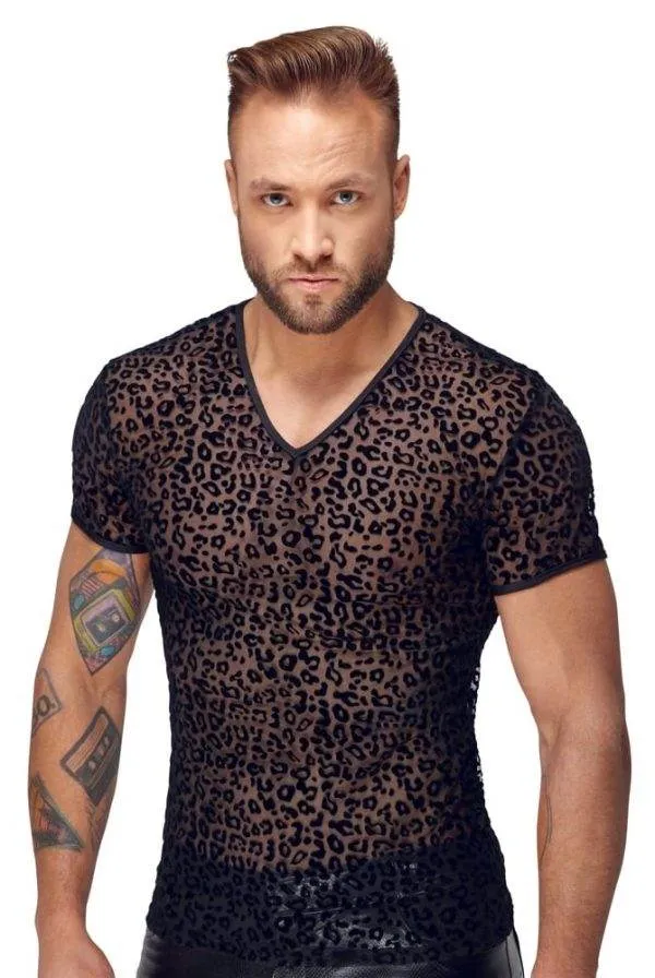 Noir Leo-Shirt: Powernet-Transparenz, Samtflockprint, hautnah L Noir Leo-Shirt: Powernet-Transparenz, Samtflockprint, hautnah L