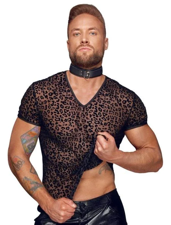 Noir Leo-Shirt: Powernet-Transparenz, Samtflockprint, hautnah L Noir Leo-Shirt: Powernet-Transparenz, Samtflockprint, hautnah L