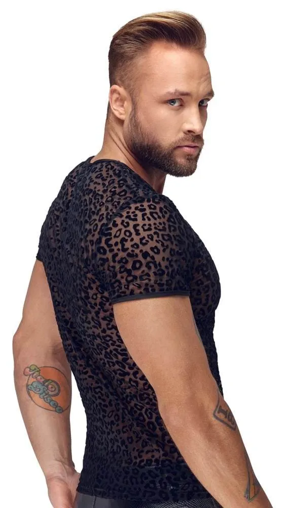 Noir Leo-Shirt: Powernet-Transparenz, Samtflockprint, hautnah L Noir Leo-Shirt: Powernet-Transparenz, Samtflockprint, hautnah L