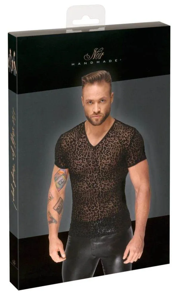 21617291711_verp Noir Leo-Shirt: Powernet-Transparenz, Samtflockprint, hautnah L