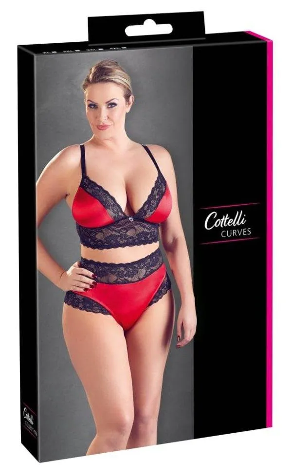 22131761051_verp Cottelli CURVES - Longline-BH Set, 4XL, Stretchsatin & Blütenspitze Schwarz/Rot 2XL