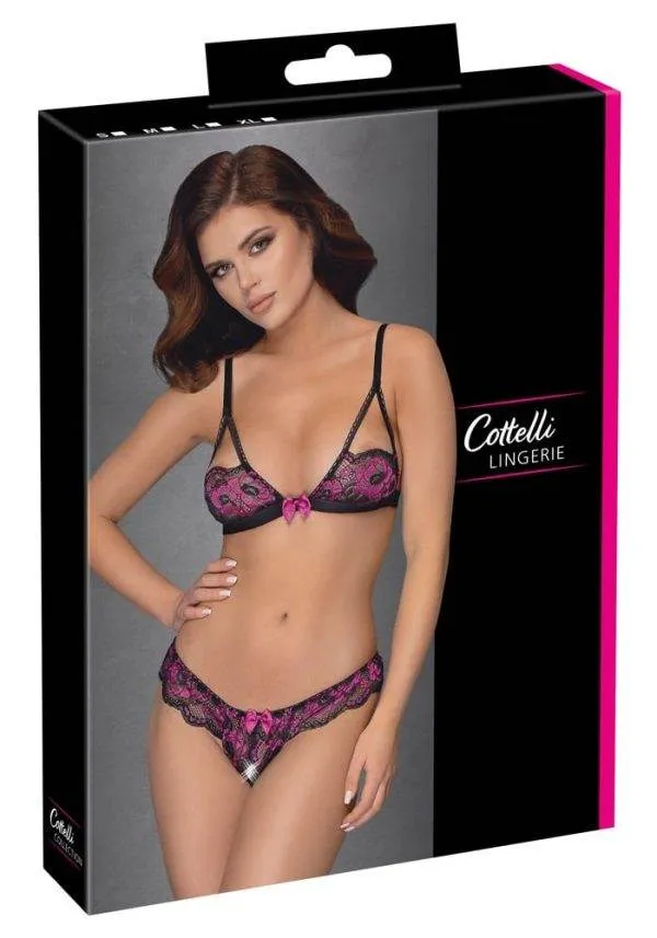Cottelli LINGERIE - Sexy BH Set mit offener Spitze Schwarz/Rosa XL