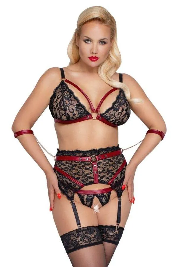 Cottelli BONDAGE - Spitzen BH Set mit Armfesseln Schwarz/Rot 2XL Cottelli BONDAGE - Spitzen BH Set mit Armfesseln Schwarz/Rot 2XL