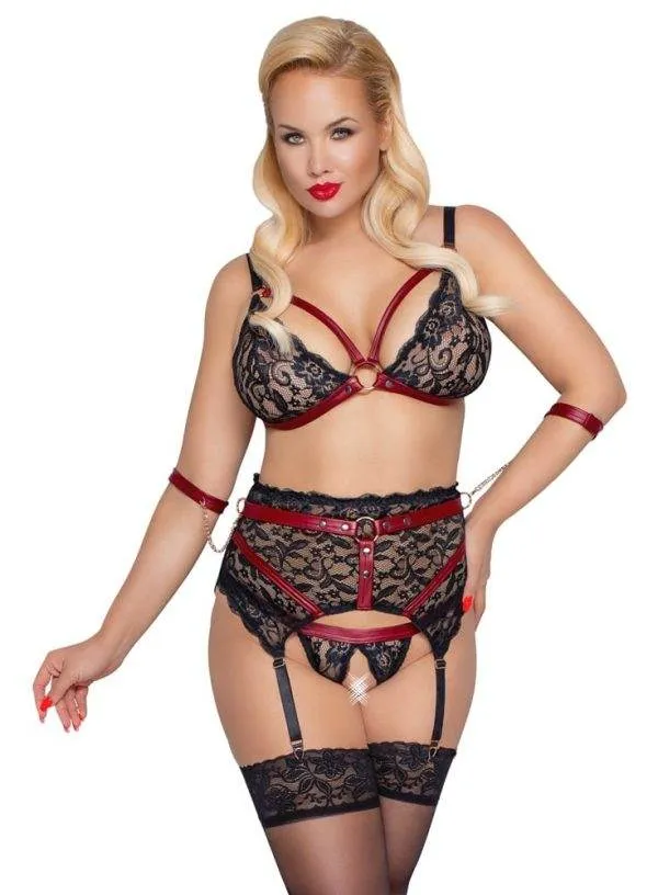 Cottelli BONDAGE - Spitzen BH Set mit Armfesseln Schwarz/Rot 2XL Cottelli BONDAGE - Spitzen BH Set mit Armfesseln Schwarz/Rot 2XL