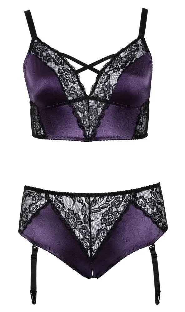 Cottelli CURVES: Satin-Spitzen Set, Bralette & Strap-Slip Lila/Schwarz XL Cottelli CURVES: Satin-Spitzen Set, Bralette & Strap-Slip Lila/Schwarz XL