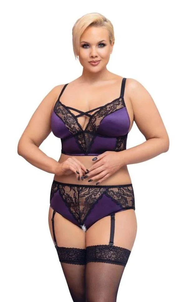 Cottelli CURVES: Satin-Spitzen Set, Bralette & Strap-Slip Lila/Schwarz XL Cottelli CURVES: Satin-Spitzen Set, Bralette & Strap-Slip Lila/Schwarz XL