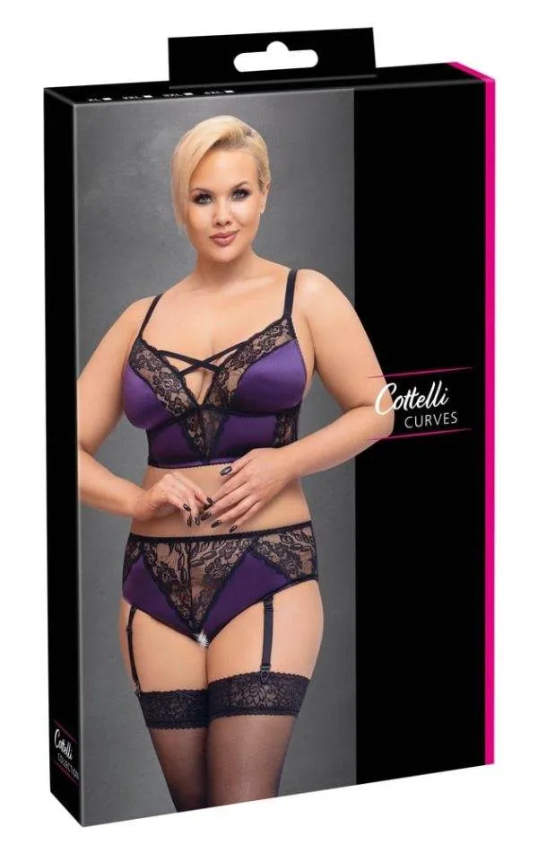 22141134051_verp Cottelli CURVES: Satin-Spitzen Set, Bralette & Strap-Slip Lila/Schwarz XL