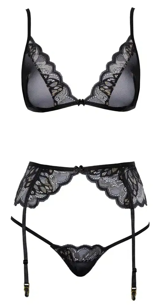 Kissable BH-Strapsset, exklusives Set aus Effektspitze und Powernet Schwarz/Silber/Gold L/XL Kissable BH-Strapsset, exklusives Set aus Effektspitze und Powernet Schwarz/Silber/Gold L/XL