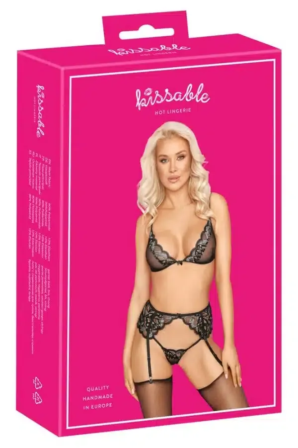 Kissable BH-Strapsset, exklusives Set aus Effektspitze und Powernet Schwarz/Silber/Gold L/XL