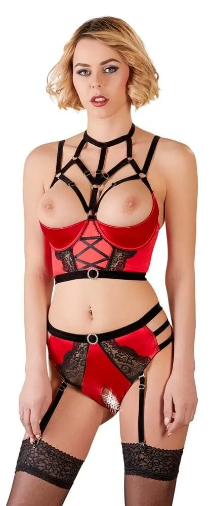 Abierta Fina - Satin-Bustier mit Straps-Slip Rot/Schwarz 75B/S