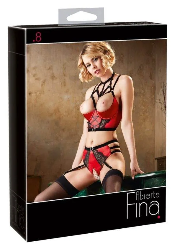 Abierta Fina - Satin-Bustier mit Straps-Slip Rot/Schwarz 75B/S