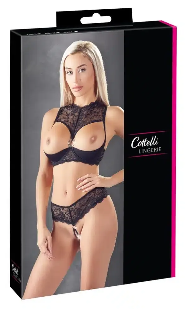 Cottelli LINGERIE - Hebe Set mit Glitzerelementen und String ouvert 80B/M