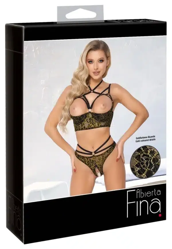 Abierta Fina Longline-Hebe & Riostring ouvert - Schwarz/gold - Provokante Eleganz Schwarz/Gold 80B/M