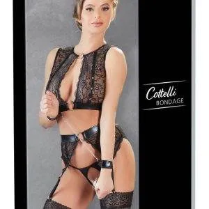 Cottelli BONDAGE - 3-teiliges Wetlook-Spitzen-Set mit Handfesseln S