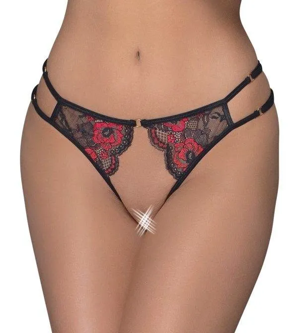Cottelli LINGERIE Ouvert-Slip, verstellbare Bänder, zweifarbige Spitze Schwarz/Rot S-L