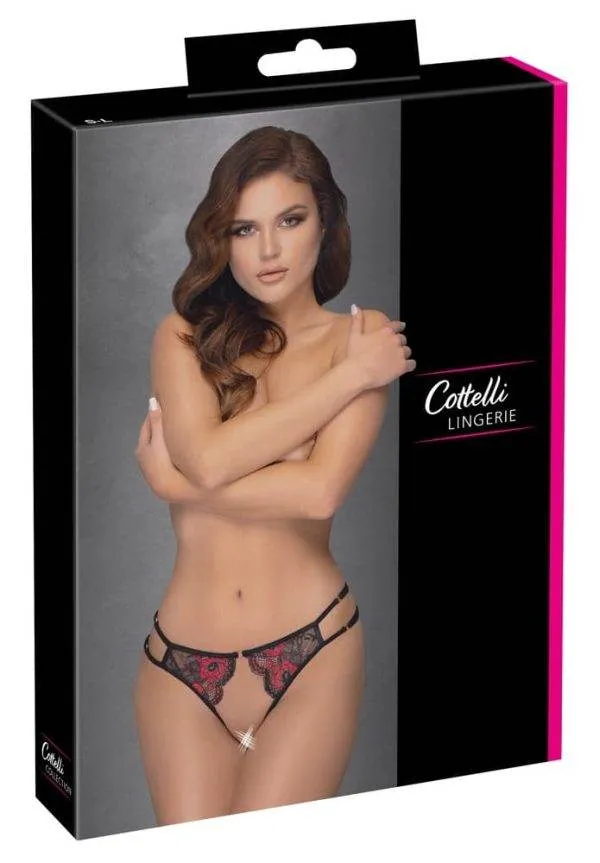 Cottelli LINGERIE Ouvert-Slip, verstellbare Bänder, zweifarbige Spitze Schwarz/Rot S-L
