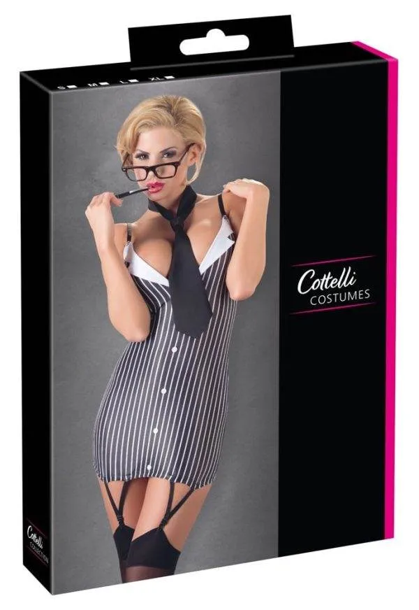 24704701021_verp Cottelli COSTUMES Sekretärin S - Enganliegendes Kleid mit Strapsen und Krawatte Schwarz/Weiß S