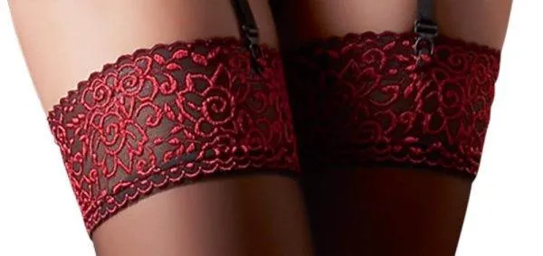 Cottelli LEGWEAR - Schwarze Straps-Strümpfe mit rotem Spitzenabschluss Schwarz/Rot L