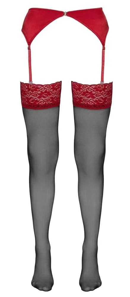 Cottelli LEGWEAR - Schwarze Straps-Strümpfe mit rotem Spitzenabschluss Schwarz/Rot L Cottelli LEGWEAR - Schwarze Straps-Strümpfe mit rotem Spitzenabschluss Schwarz/Rot L