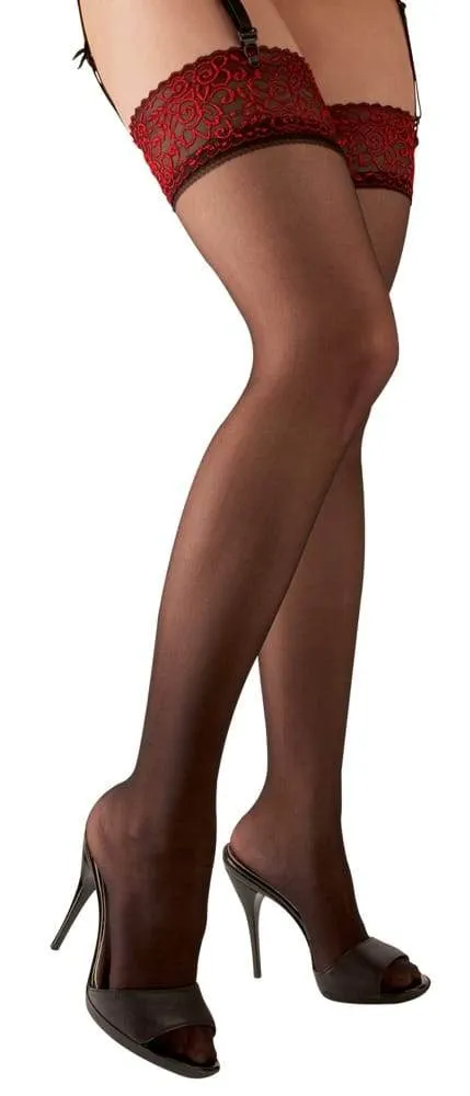 Cottelli LEGWEAR - Schwarze Straps-Strümpfe mit rotem Spitzenabschluss Schwarz/Rot L