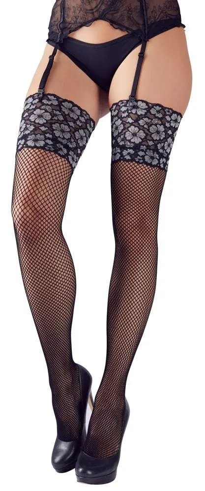 Cottelli LEGWEAR - Sexy Netzstrümpfe mit Spitze Schwarz/Silber S/M