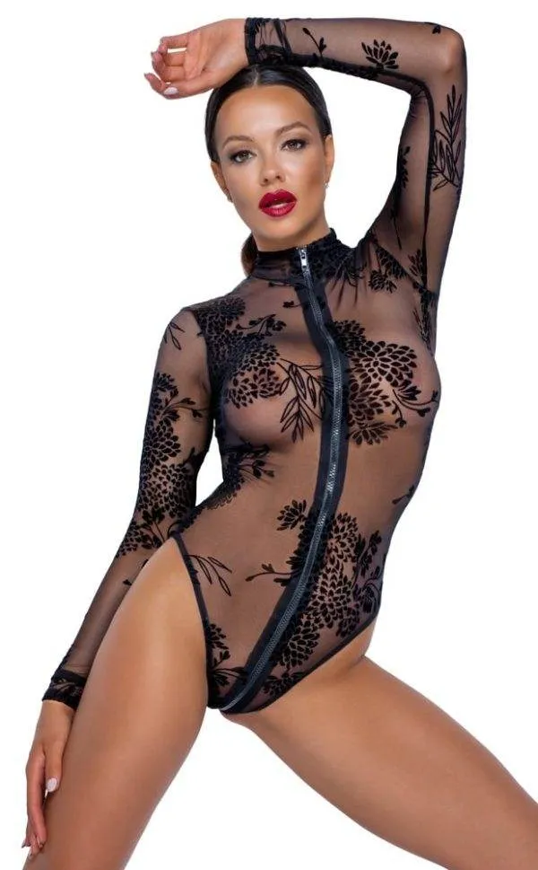 Noir Powernet-Body mit Blütenprint XL