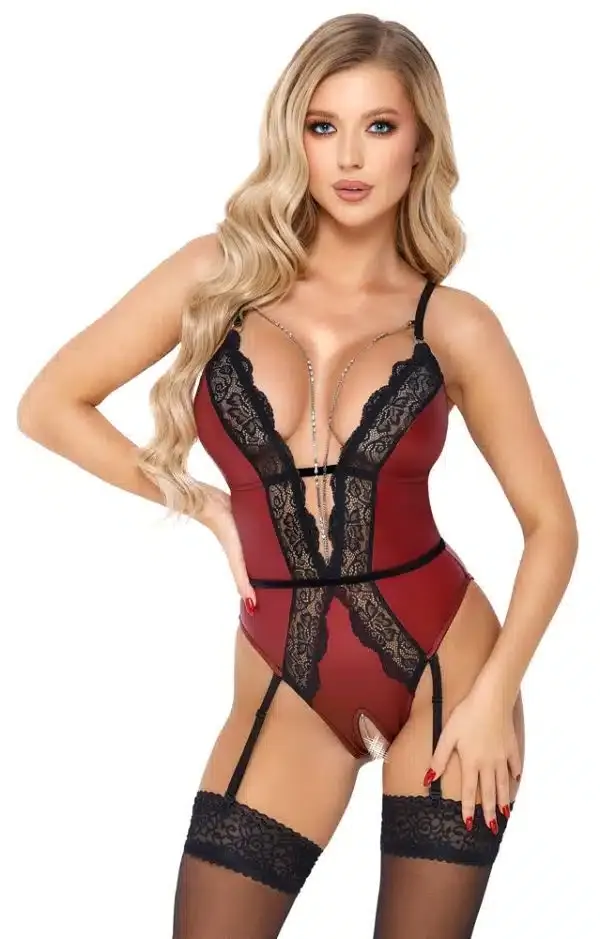 Abierta Fina Body Ouvert - Roter Mattlook mit Spitze Rot/Schwarz S