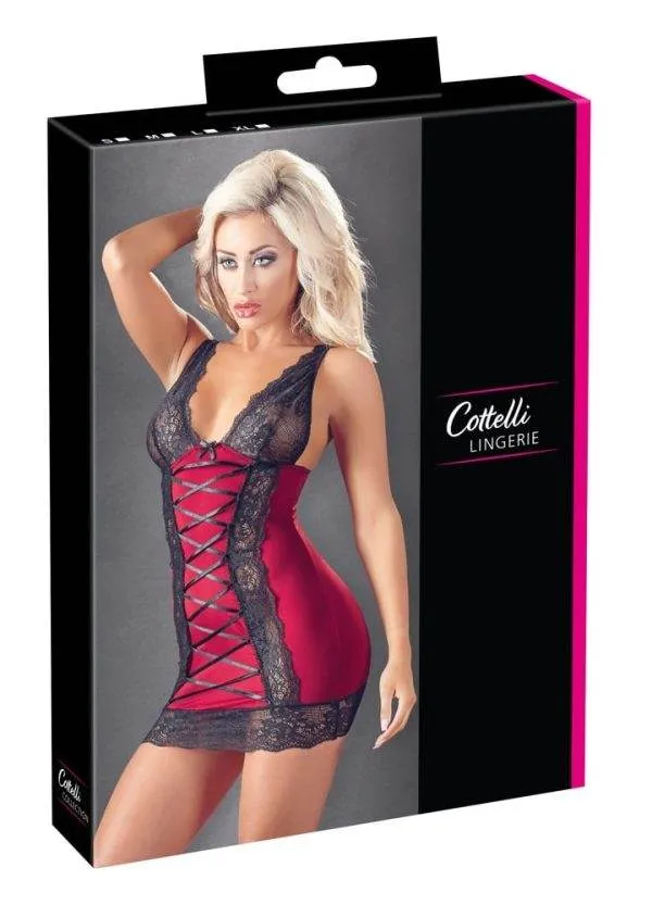 27152951021_verp Cottelli LINGERIE - Dessouskleid mit Zierschnürung und Spitze Schwarz/Rot S