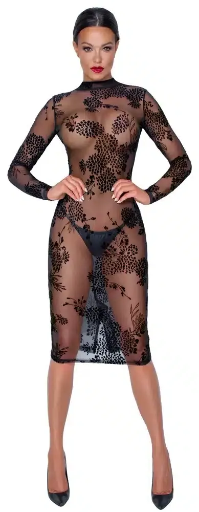 Noir Flockprint Langarm-Kleid in Powernet S