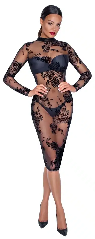 Noir Flockprint Langarm-Kleid in Powernet S