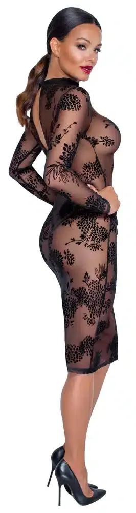 Noir Flockprint Langarm-Kleid in Powernet S Noir Flockprint Langarm-Kleid in Powernet S