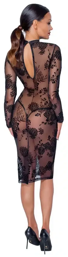 Noir Flockprint Langarm-Kleid in Powernet S Noir Flockprint Langarm-Kleid in Powernet S