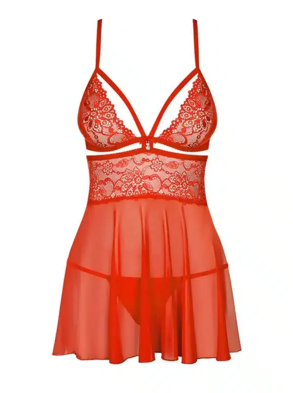 Obsessive Babydoll - Verführerisches Rot, busenbetonend mit Spitze und Aussparung. Inklusive String. 90% Polyamid, 10% Elasthan. S/M