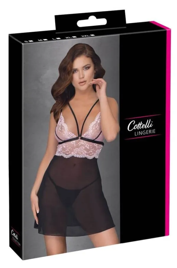 27413421021_verp Cottelli LINGERIE - Verführerisches Babydoll Set Schwarz/Rosa S