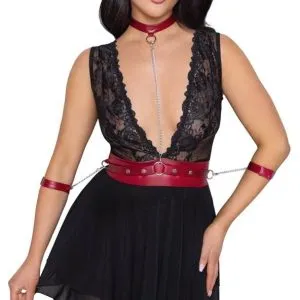 Cottelli BONDAGE - Spitzen-Babydoll mit Powernet, Gürtel & Halsband Schwarz/Rot S Cottelli BONDAGE - Spitzen-Babydoll mit Powernet, Gürtel & Halsband Schwarz/Rot S – Bild 4