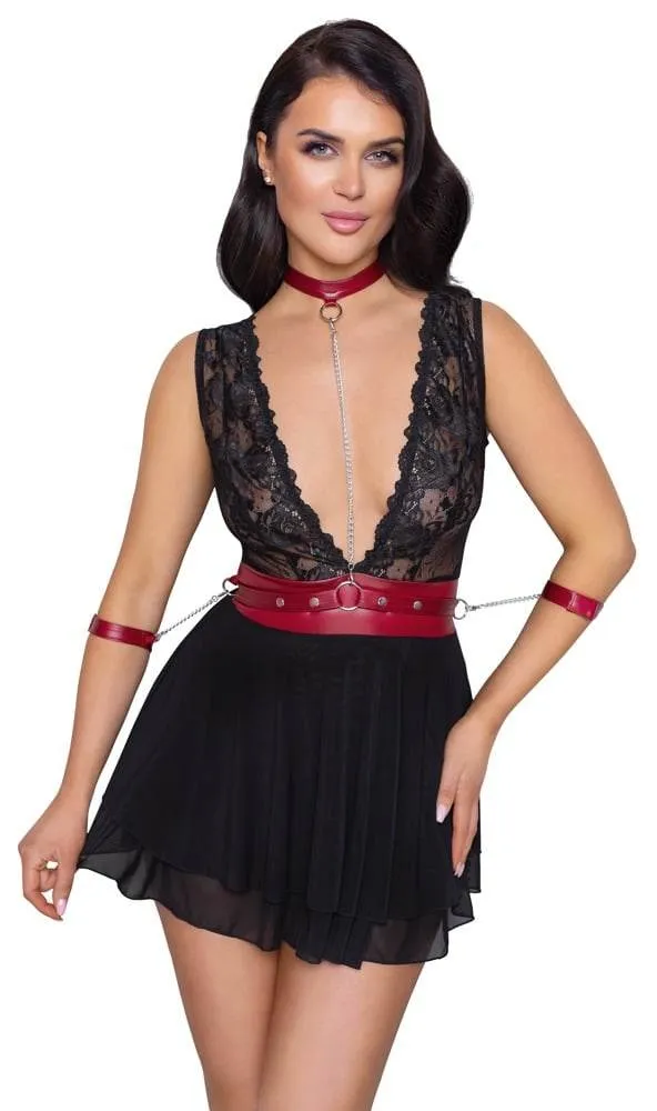 Cottelli BONDAGE - Spitzen-Babydoll mit Powernet, Gürtel & Halsband Schwarz/Rot S Cottelli BONDAGE - Spitzen-Babydoll mit Powernet, Gürtel & Halsband Schwarz/Rot S