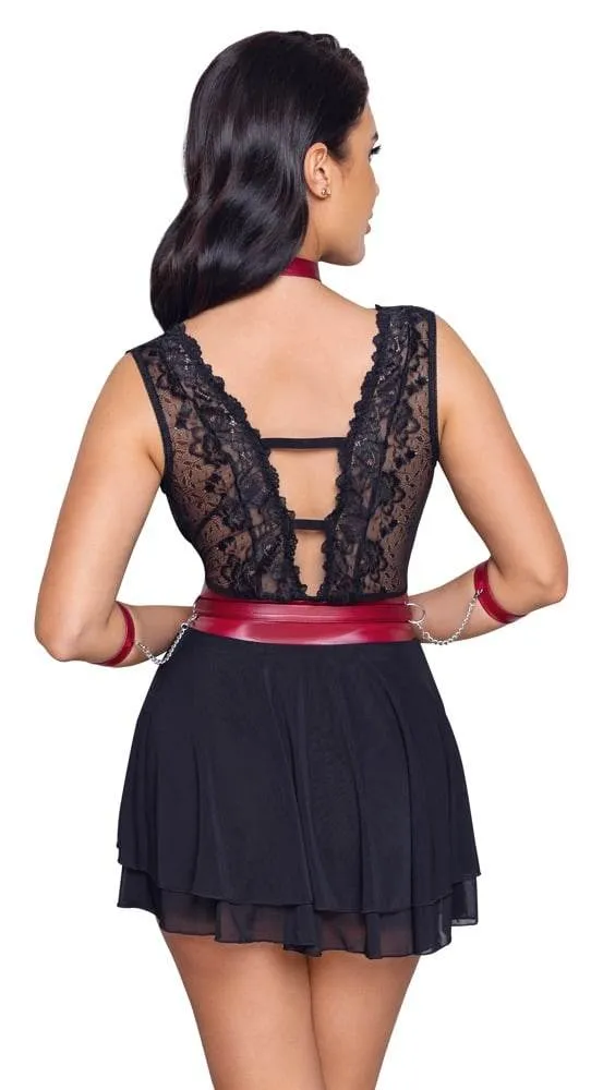 Cottelli BONDAGE - Spitzen-Babydoll mit Powernet, Gürtel & Halsband Schwarz/Rot S Cottelli BONDAGE - Spitzen-Babydoll mit Powernet, Gürtel & Halsband Schwarz/Rot S