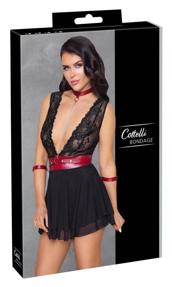 27414401021_verp Cottelli BONDAGE - Spitzen-Babydoll mit Powernet, Gürtel & Halsband Schwarz/Rot S