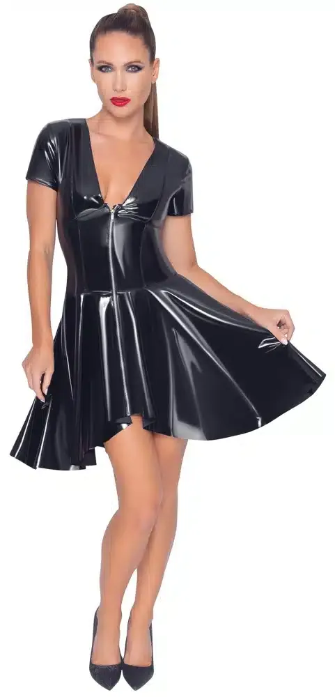 Black Level Lackkleid Zip L - Halbarm-Kleid aus Lack mit Vokuhila-Rock und Metall-Reißverschluss XL