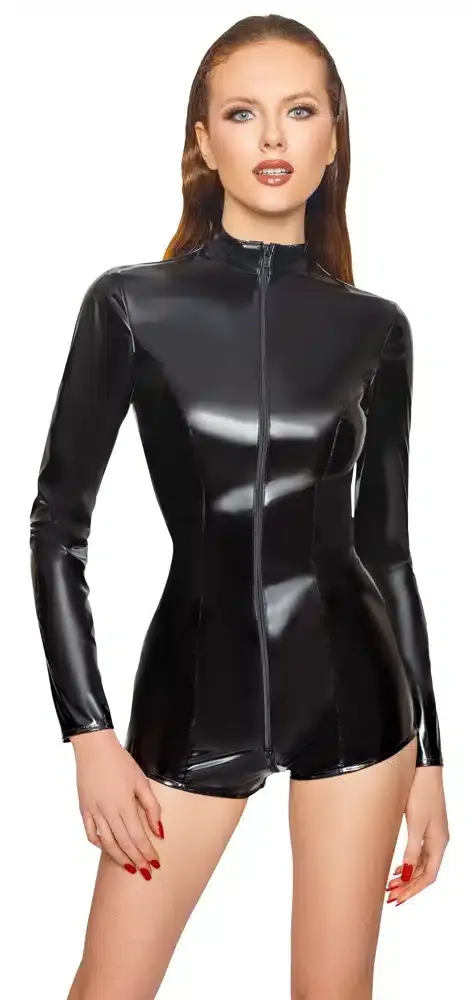 Black Level Lack Overall - Langarm, kurz Bein - 2-Wege-Reißverschluss - Figurnah - Clubwear-Glanzstück L