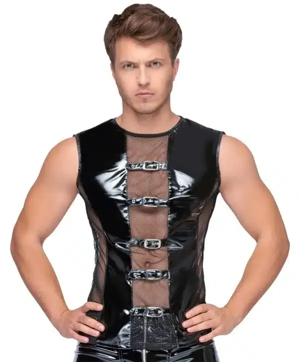 Black Level Lack H.Shirt S - Ärmelloses Shirt im Lack-Netz-Mix XL