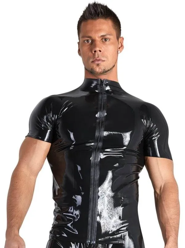 Late X - Glänzendes Herren Shirt mit Stehkragen und Reißverschluss L