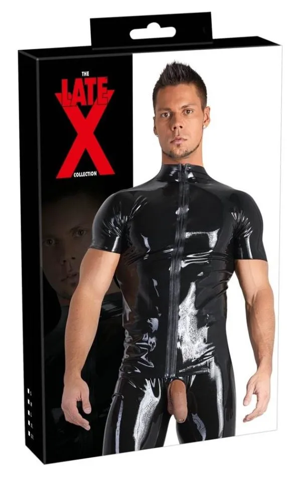 Late X - Glänzendes Herren Shirt mit Stehkragen und Reißverschluss L