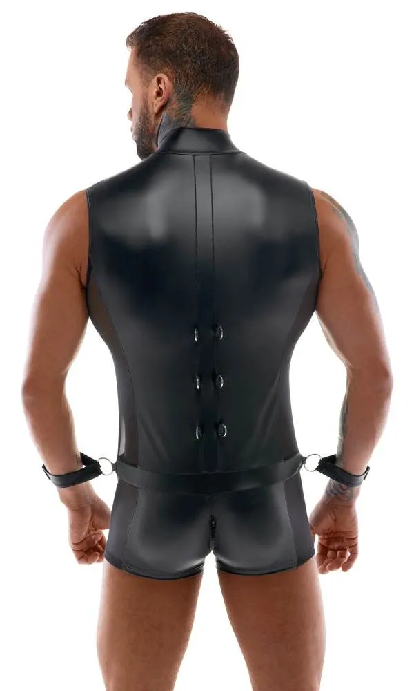 Svenjoyment Bondage Ärmelloser Overall & Handfesseln, Mattlook mit Netz-Einsätzen schwarz Größe M Svenjoyment Bondage Ärmelloser Overall & Handfesseln, Mattlook mit Netz-Einsätzen schwarz Größe M
