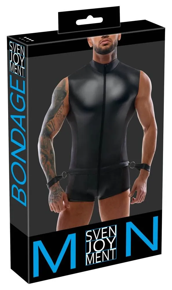 21504761701_verp Svenjoyment Bondage Ärmelloser Overall & Handfesseln, Mattlook mit Netz-Einsätzen schwarz Größe M