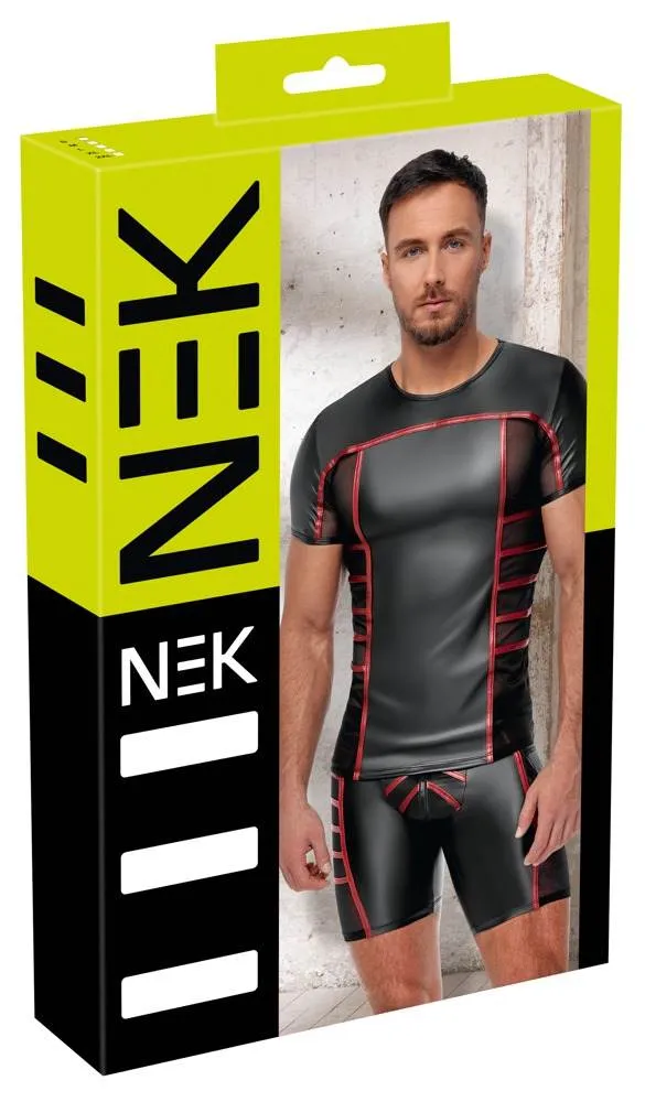 21616721701_verp NEK Enges Shirt Schwarz/Rot - Aufregender Material-Mix Schwarz/Rot Größe M